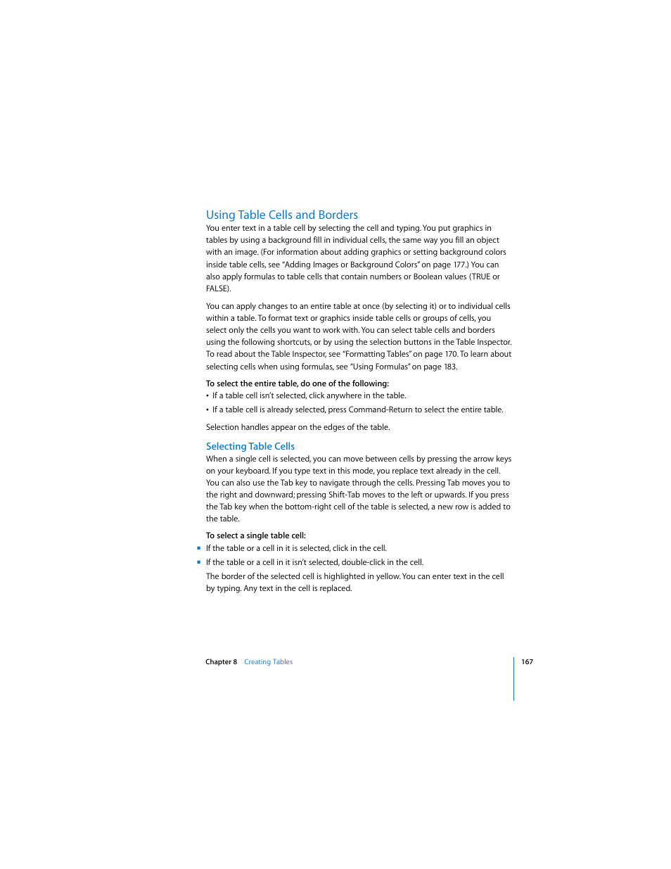 Using table cells and borders, Selecting table cells | Apple Pages 2 User Manual | Page 167 / 250