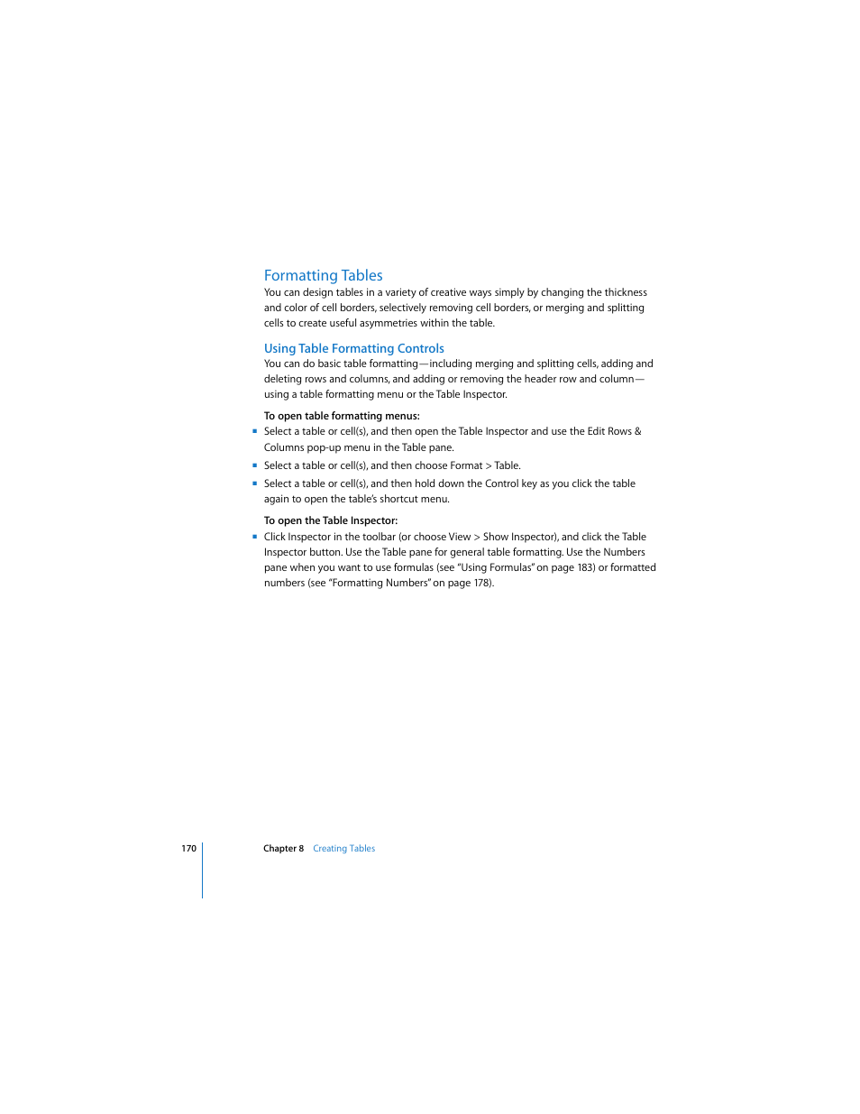 Formatting tables, Using table formatting controls | Apple Pages 2 User Manual | Page 170 / 250