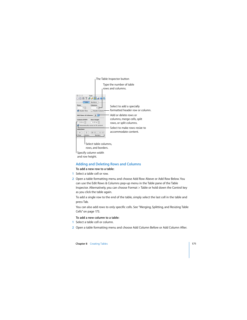 Adding and deleting rows and columns | Apple Pages 2 User Manual | Page 171 / 250