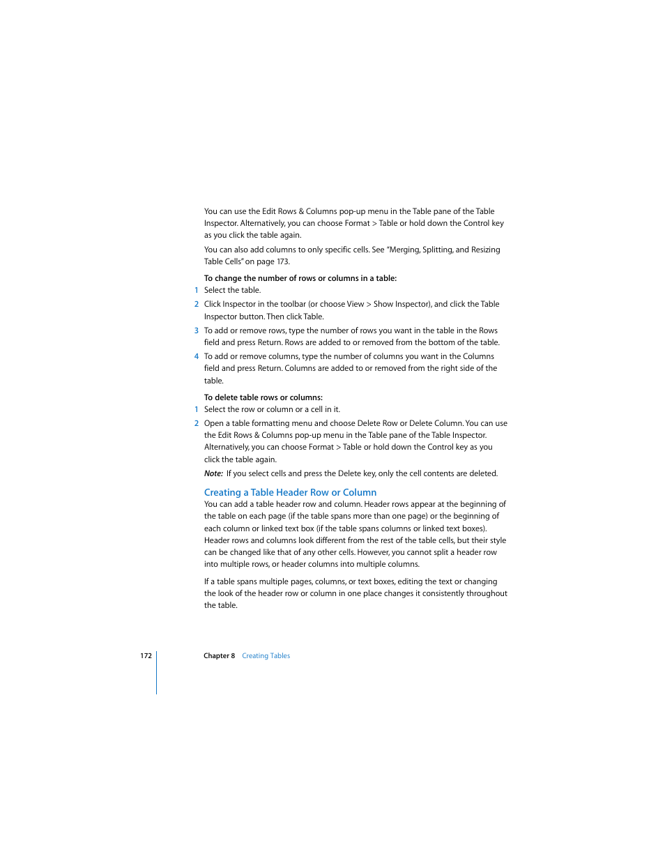 Creating a table header row or column | Apple Pages 2 User Manual | Page 172 / 250