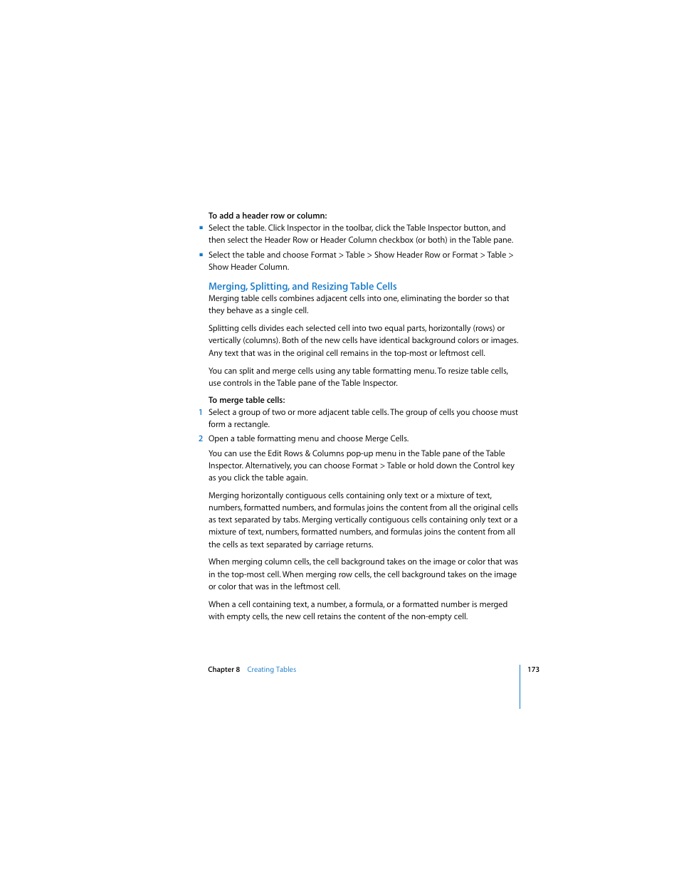 Merging, splitting, and resizing table cells | Apple Pages 2 User Manual | Page 173 / 250