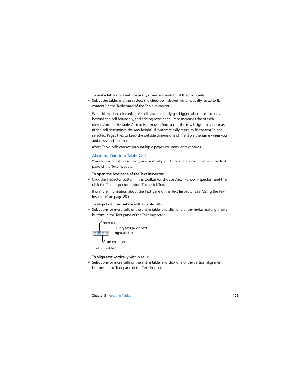 Aligning text in a table cell | Apple Pages 2 User Manual | Page 175 / 250