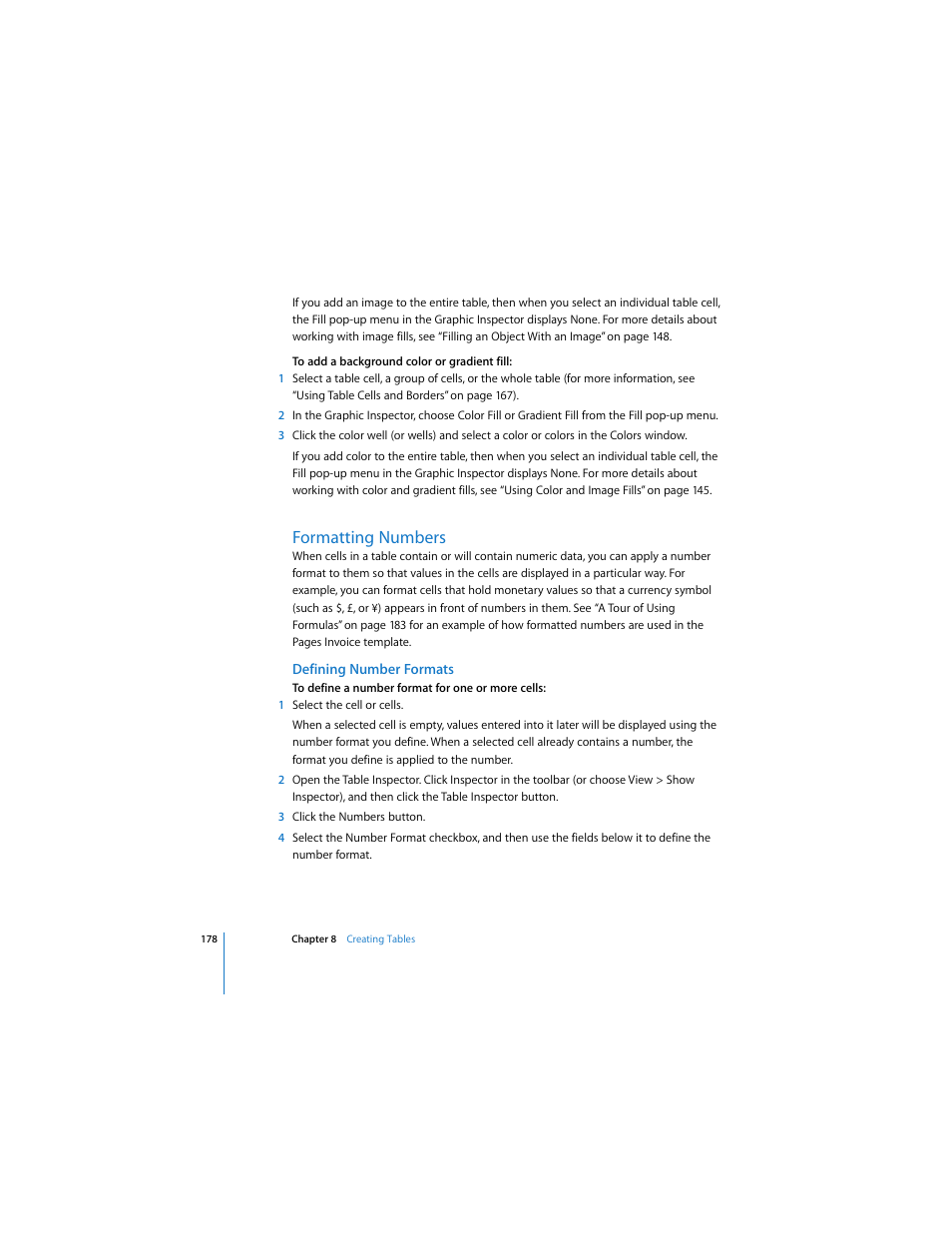 Formatting numbers, Defining number formats | Apple Pages 2 User Manual | Page 178 / 250