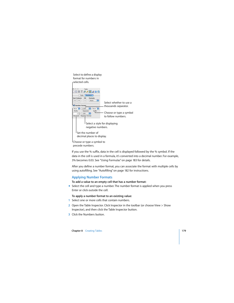 Applying number formats | Apple Pages 2 User Manual | Page 179 / 250