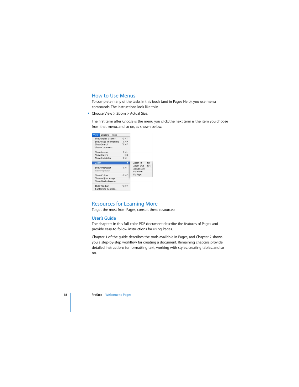 How to use menus, Resources for learning more, User’s guide | Apple Pages 2 User Manual | Page 18 / 250