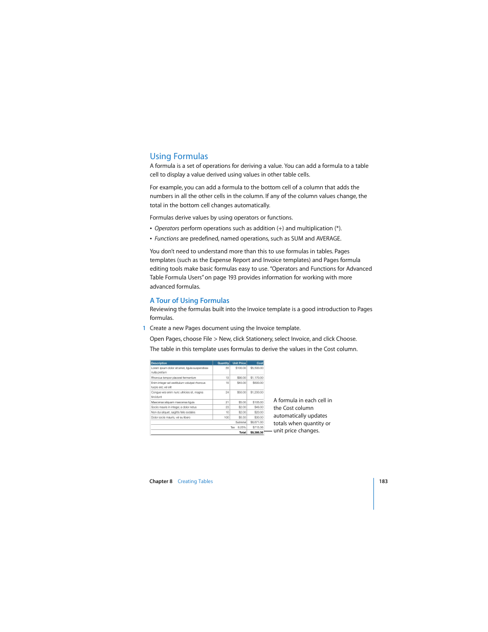 Using formulas, A tour of using formulas, Ee “a tour of using | Apple Pages 2 User Manual | Page 183 / 250