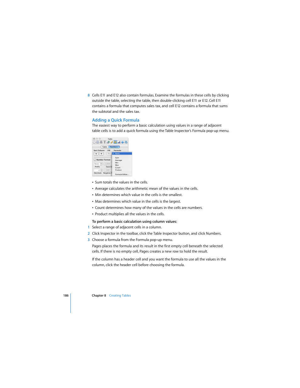 Adding a quick formula | Apple Pages 2 User Manual | Page 186 / 250