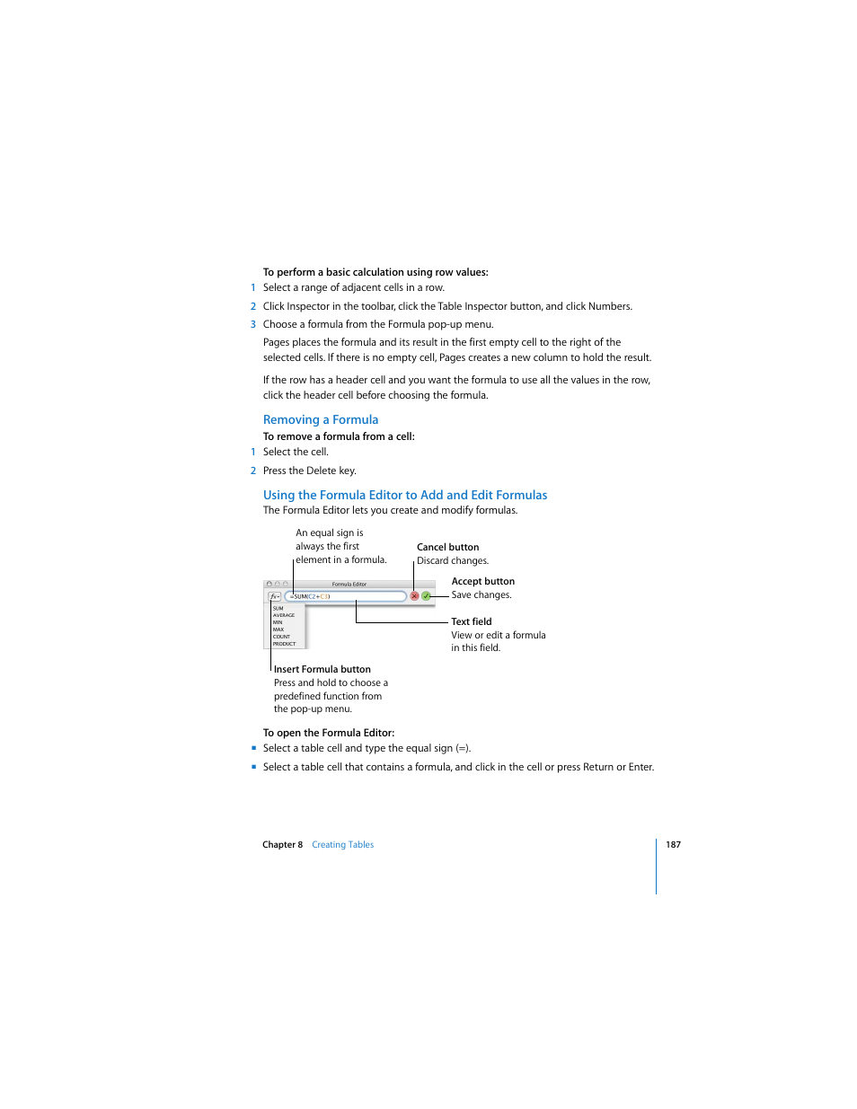 Removing a formula, Using the formula editor to add and edit formulas | Apple Pages 2 User Manual | Page 187 / 250