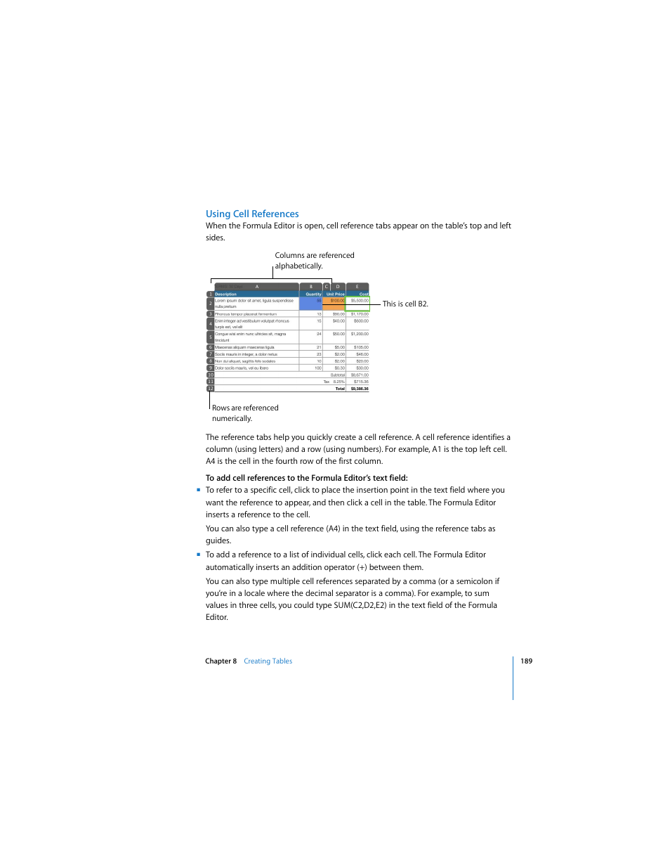 Using cell references | Apple Pages 2 User Manual | Page 189 / 250