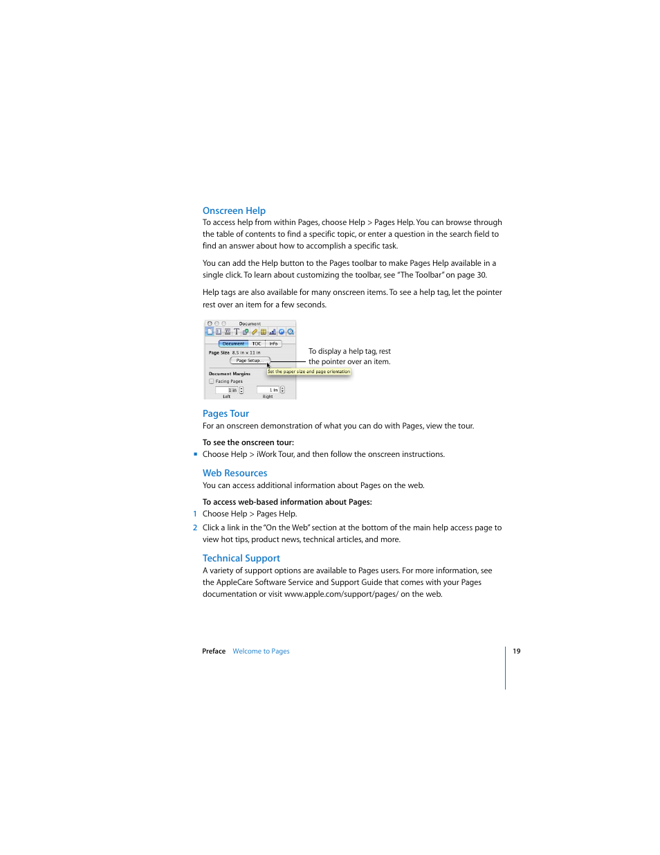 Onscreen help, Web resources, Technical support | Apple Pages 2 User Manual | Page 19 / 250