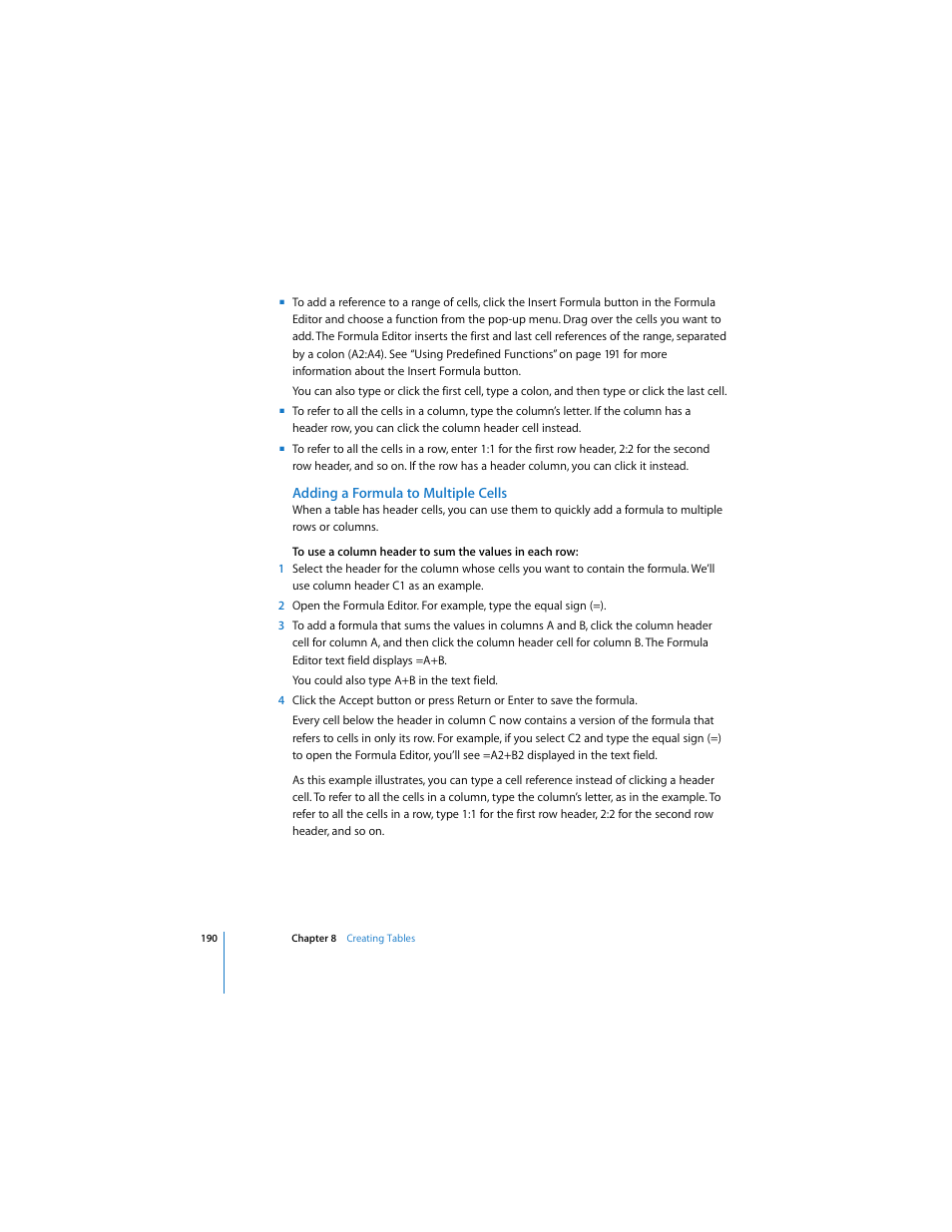 Adding a formula to multiple cells | Apple Pages 2 User Manual | Page 190 / 250