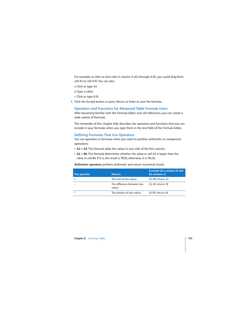 Defining formulas that use operators | Apple Pages 2 User Manual | Page 193 / 250