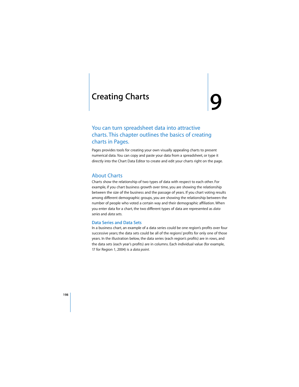 Creating charts, About charts, Data series and data sets | Ee chapter 9, “creating charts, Ee chapter 9, “creating charts,” t | Apple Pages 2 User Manual | Page 198 / 250