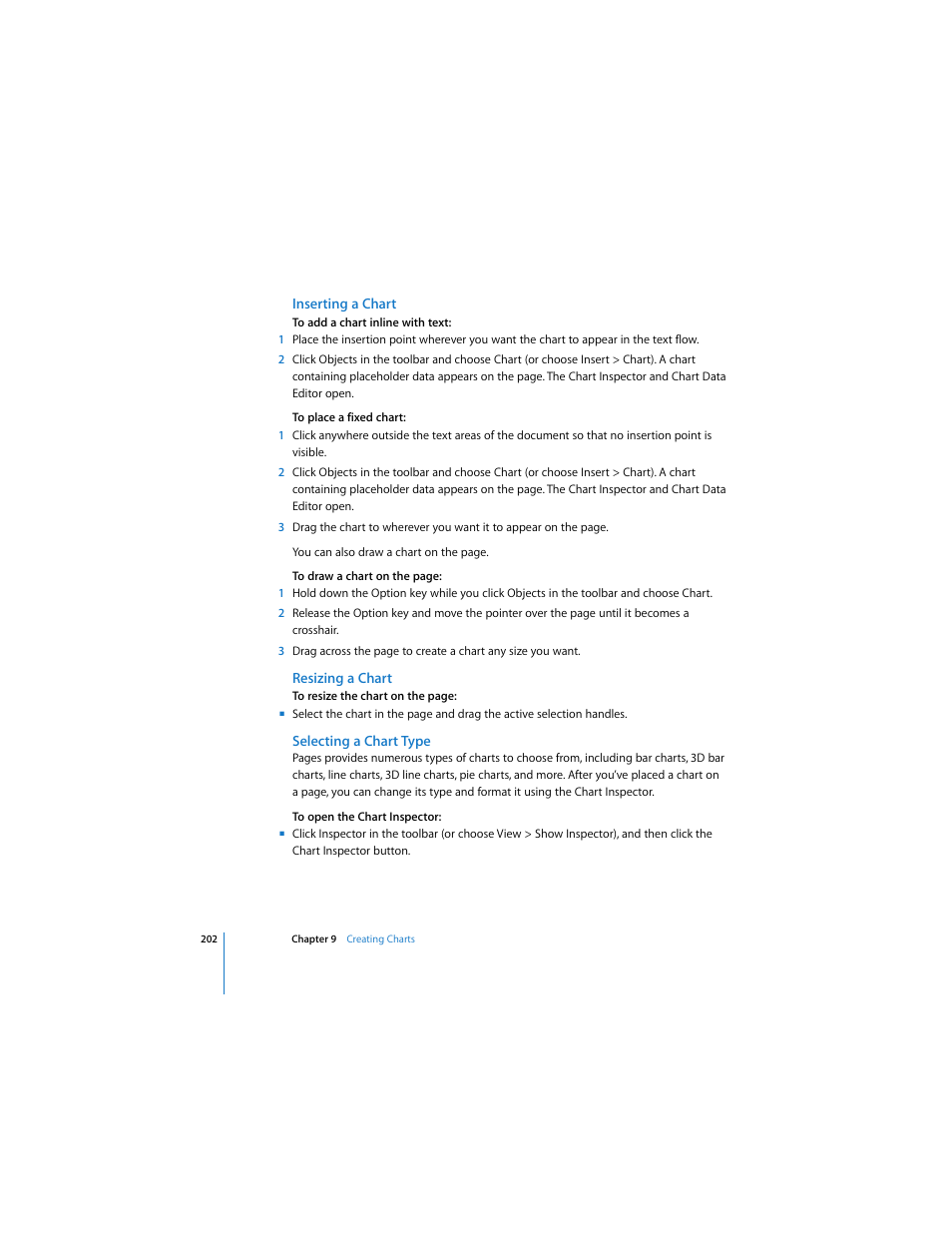 Inserting a chart, Resizing a chart, Selecting a chart type | Apple Pages 2 User Manual | Page 202 / 250