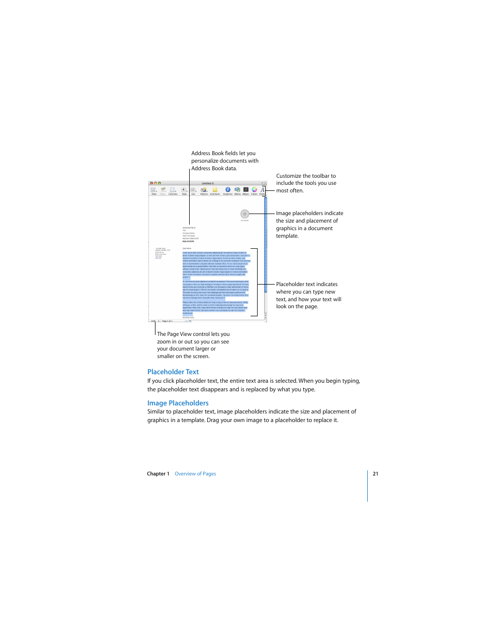 Placeholder text, Image placeholders | Apple Pages 2 User Manual | Page 21 / 250