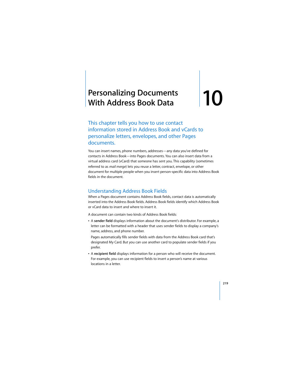 Personalizing documents with address book data, Understanding address book fields | Apple Pages 2 User Manual | Page 219 / 250