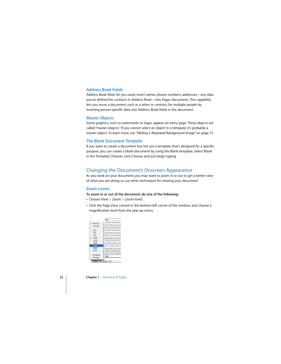 Address book fields, Master objects, The blank document template | Changing the document’s onscreen appearance, Zoom levels | Apple Pages 2 User Manual | Page 22 / 250