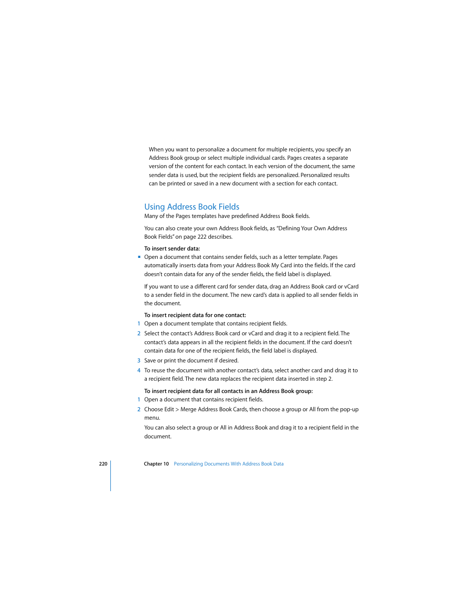 Using address book fields | Apple Pages 2 User Manual | Page 220 / 250