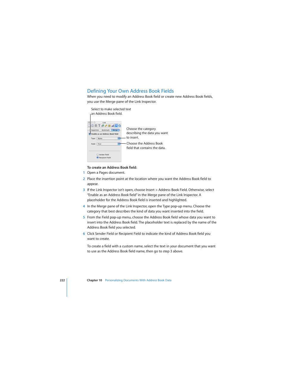 Defining your own address book fields | Apple Pages 2 User Manual | Page 222 / 250