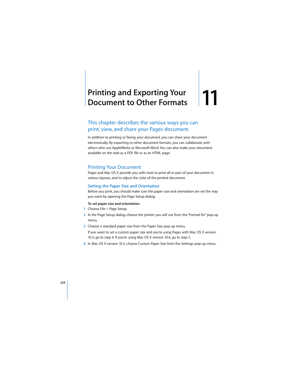 Printing your document, Setting the paper size and orientation, Setting the | Apple Pages 2 User Manual | Page 224 / 250