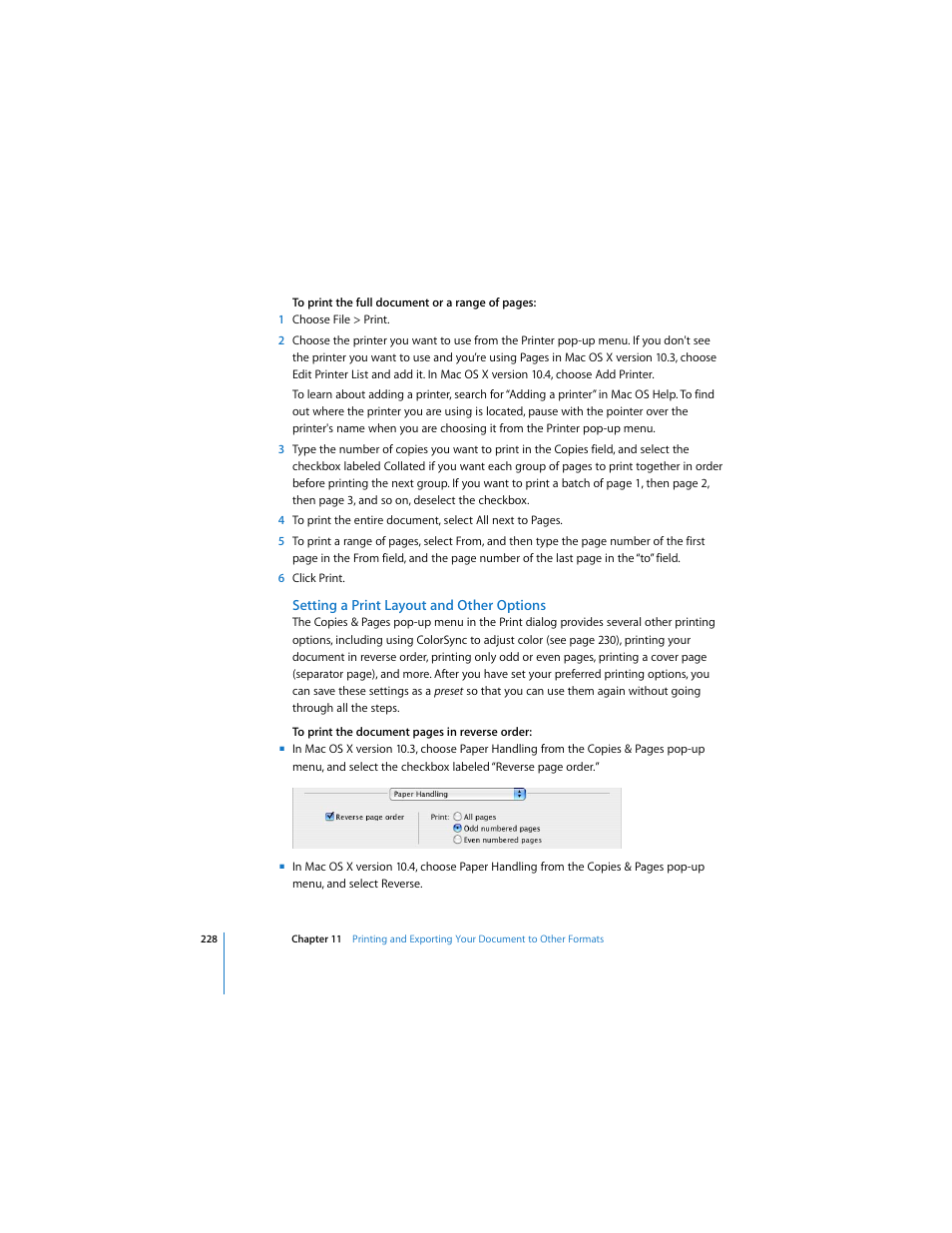 Setting a print layout and other options | Apple Pages 2 User Manual | Page 228 / 250