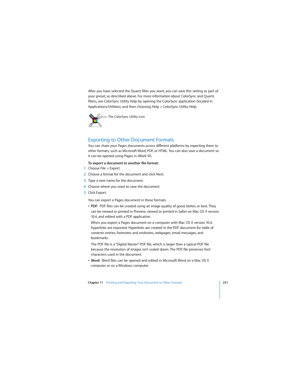Exporting to other document formats, See “exporting to other document | Apple Pages 2 User Manual | Page 231 / 250