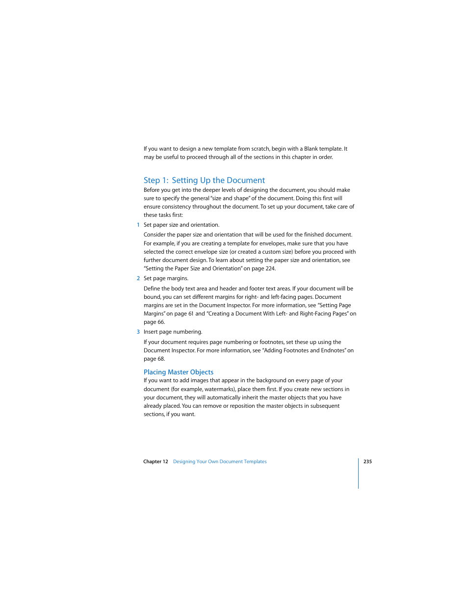 Step 1:setting up the document, Placing master objects, See “placing master objects” on | Step 1: setting up the document | Apple Pages 2 User Manual | Page 235 / 250