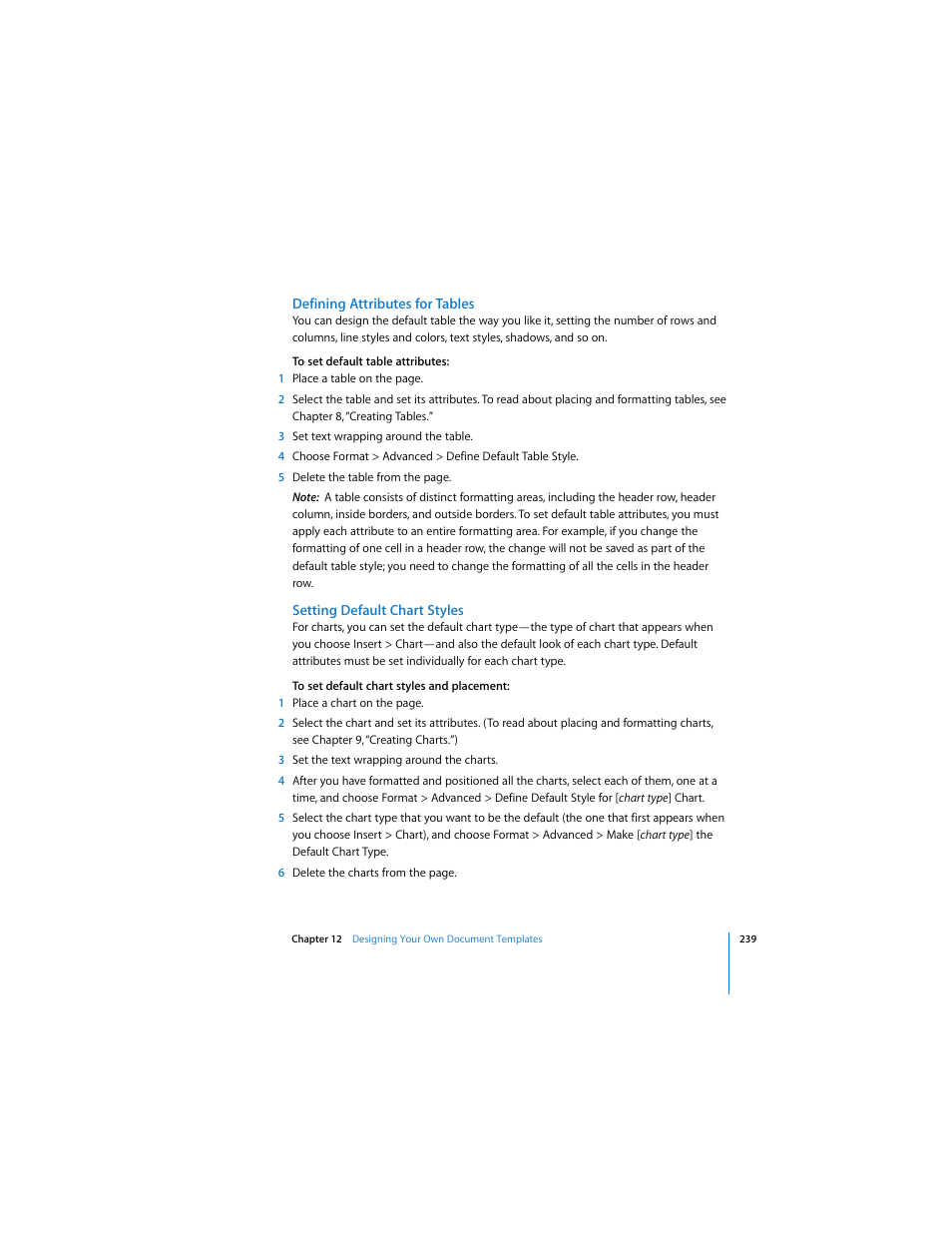 Defining attributes for tables, Setting default chart styles | Apple Pages 2 User Manual | Page 239 / 250