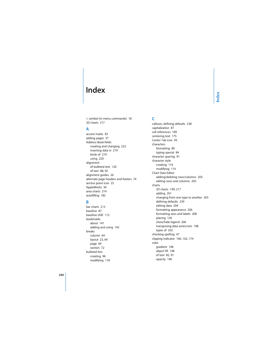 Index, Inde x | Apple Pages 2 User Manual | Page 244 / 250