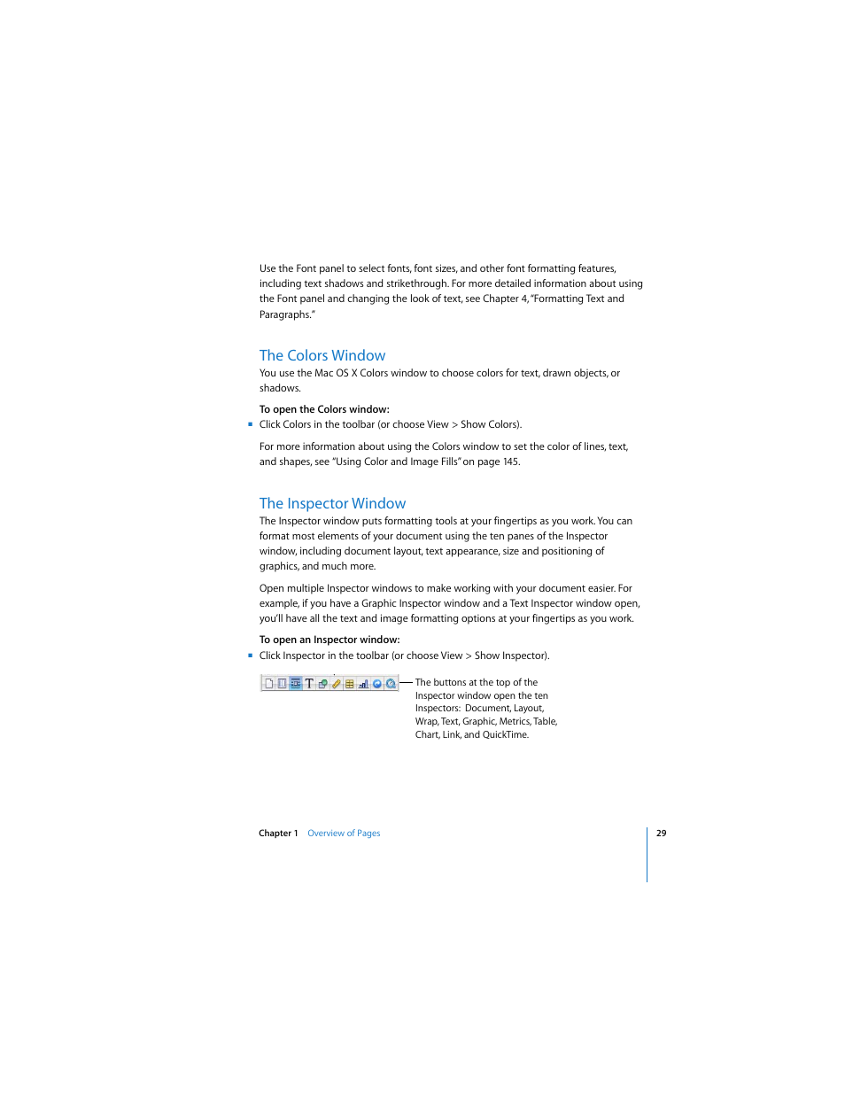 The colors window, The inspector window | Apple Pages 2 User Manual | Page 29 / 250