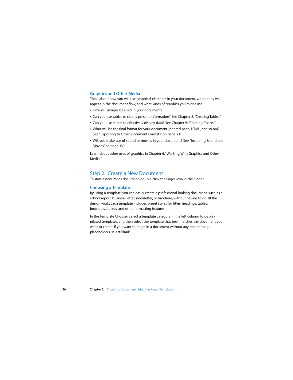 Graphics and other media, Step 2:create a new document, Choosing a template | Step 2: create a new, Step 2: create a new document | Apple Pages 2 User Manual | Page 36 / 250
