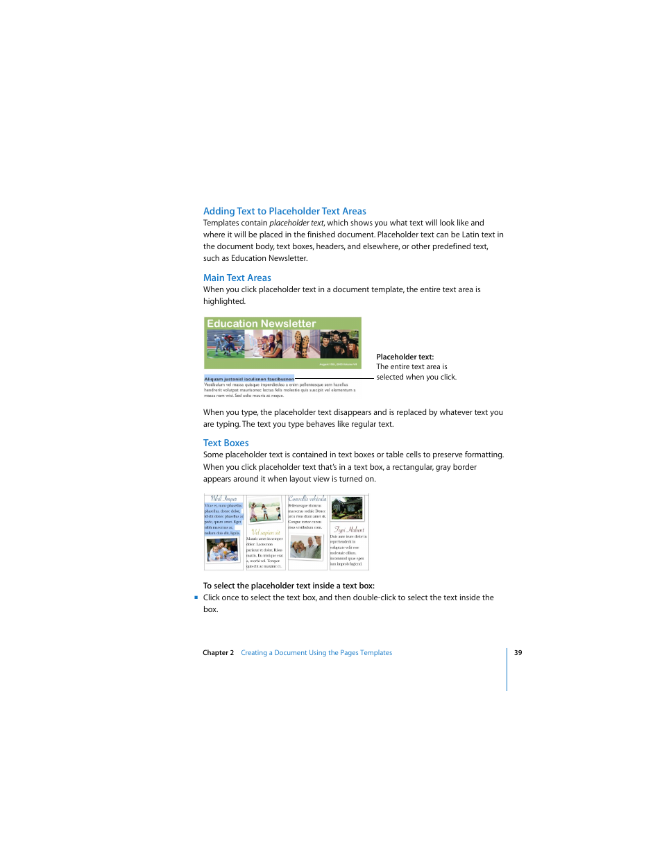 Adding text to placeholder text areas, Main text areas, Text boxes | Apple Pages 2 User Manual | Page 39 / 250