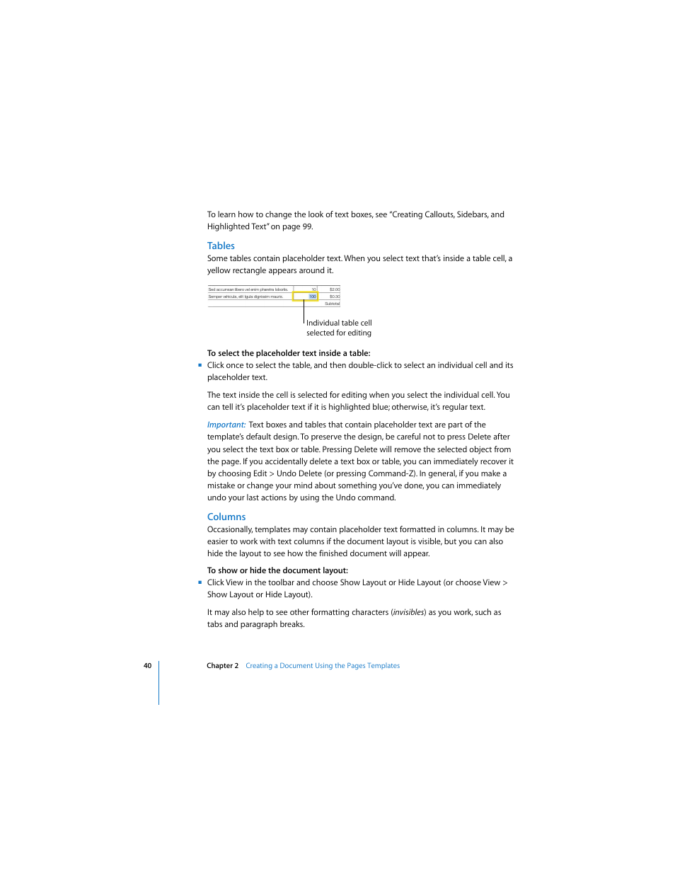 Tables, Columns | Apple Pages 2 User Manual | Page 40 / 250