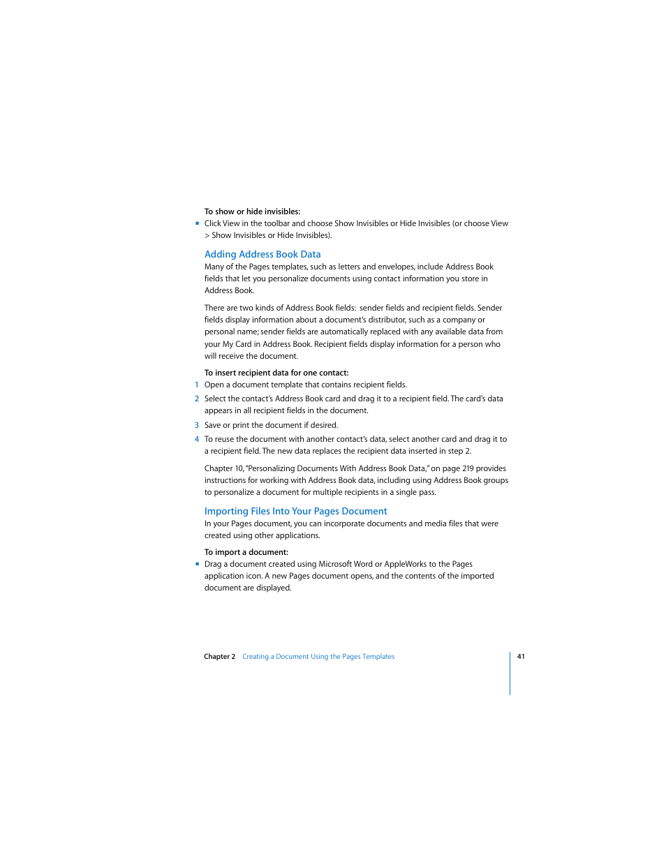 Adding address book data | Apple Pages 2 User Manual | Page 41 / 250