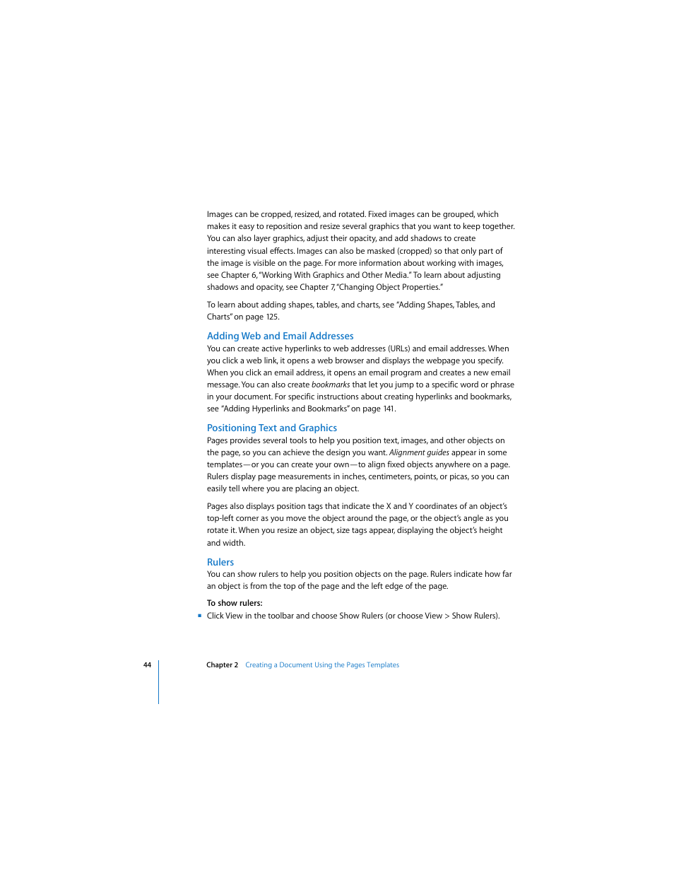 Adding web and email addresses, Positioning text and graphics, Rulers | Apple Pages 2 User Manual | Page 44 / 250