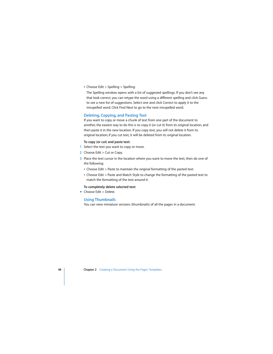 Deleting, copying, and pasting text, Using thumbnails | Apple Pages 2 User Manual | Page 48 / 250