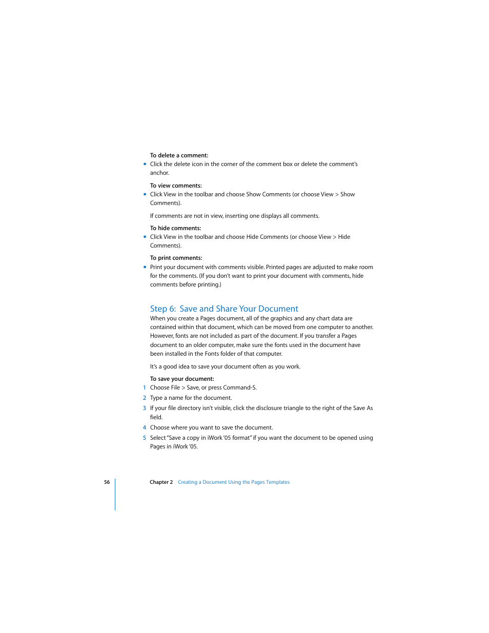 Step 6:save and share your document, And “step 6: save and share your, Step 6: save and share your document | Apple Pages 2 User Manual | Page 56 / 250