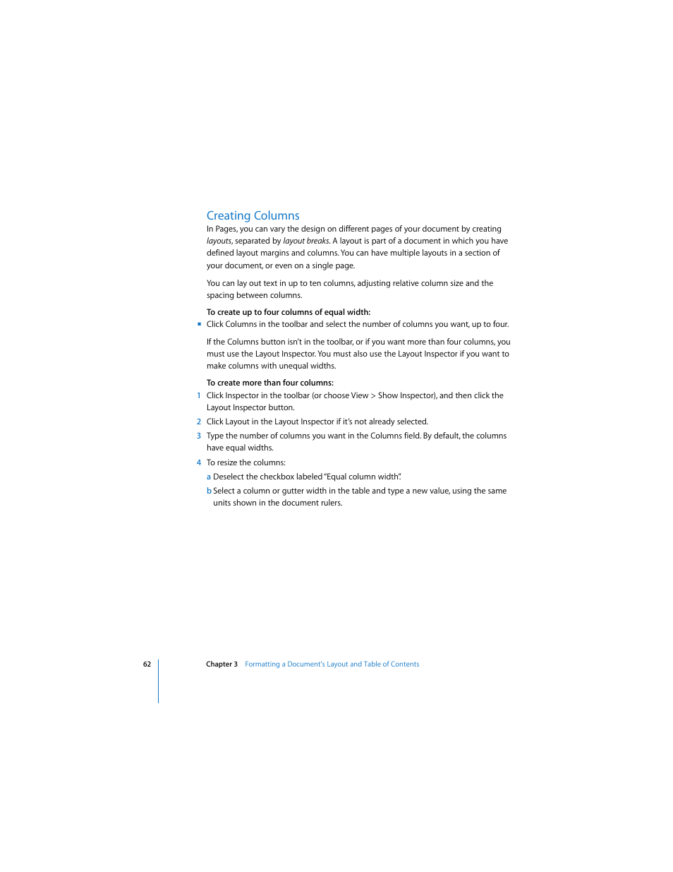 Creating columns, And “creating columns” on | Apple Pages 2 User Manual | Page 62 / 250