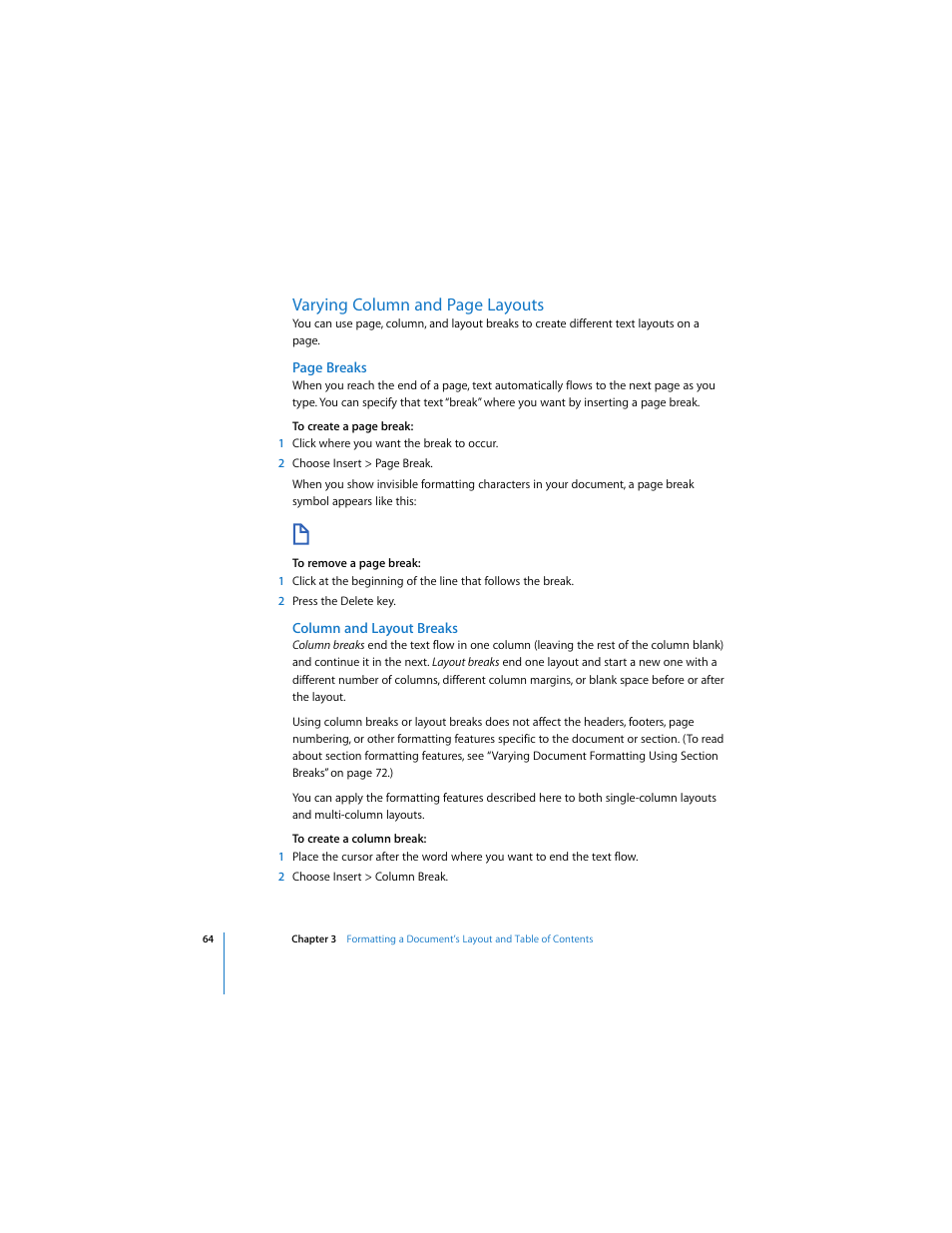 Column and layout breaks, See “varying column, Varying column and page layouts | Apple Pages 2 User Manual | Page 64 / 250