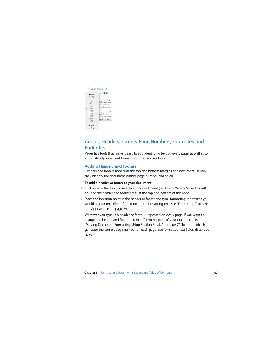 Adding headers and footers | Apple Pages 2 User Manual | Page 67 / 250
