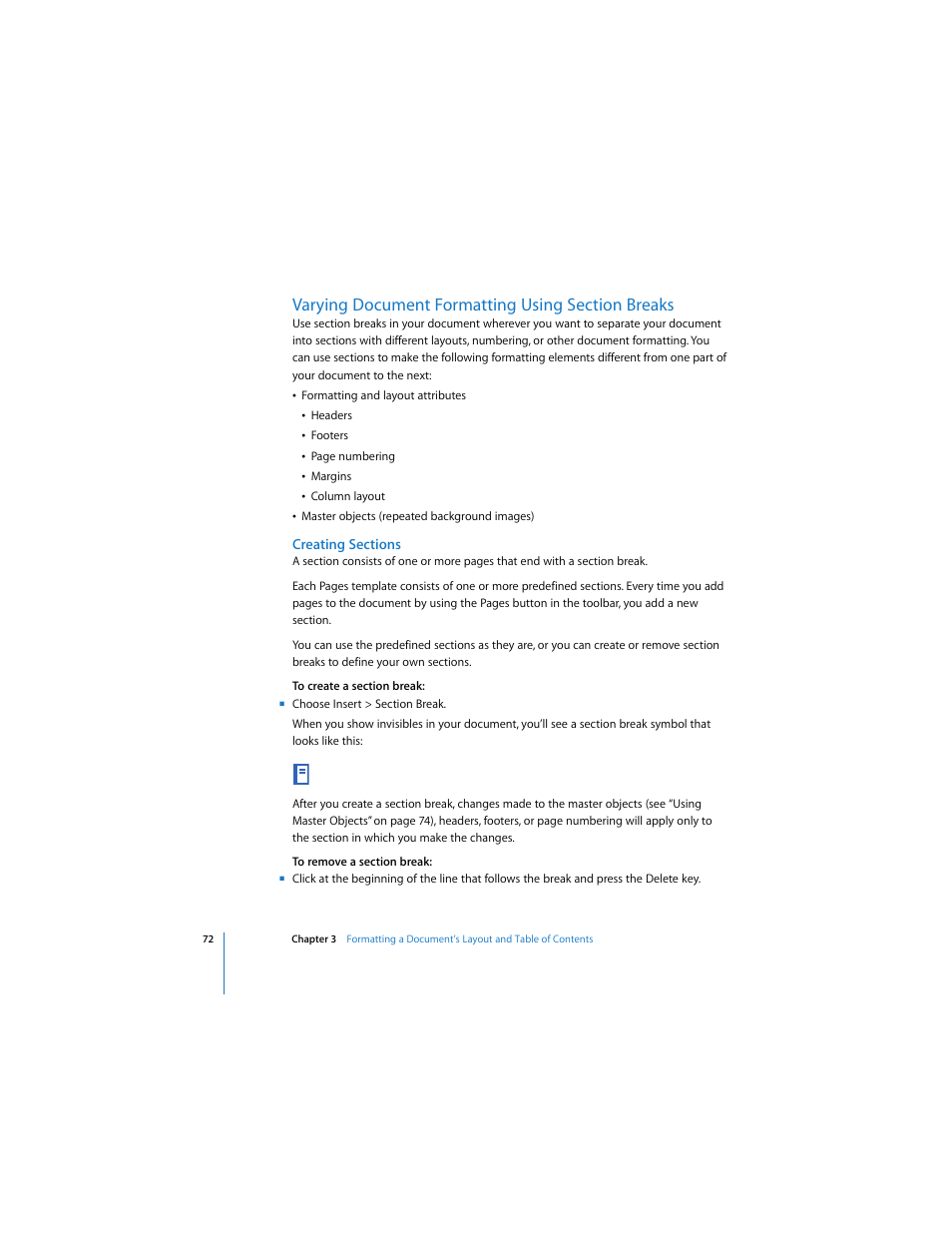 Varying document formatting using section breaks, Creating sections, Ee “varying document formatting using | Apple Pages 2 User Manual | Page 72 / 250