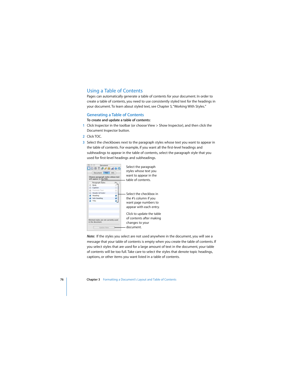 Using a table of contents, Generating a table of contents, Ee “using a table of contents” on | Apple Pages 2 User Manual | Page 76 / 250