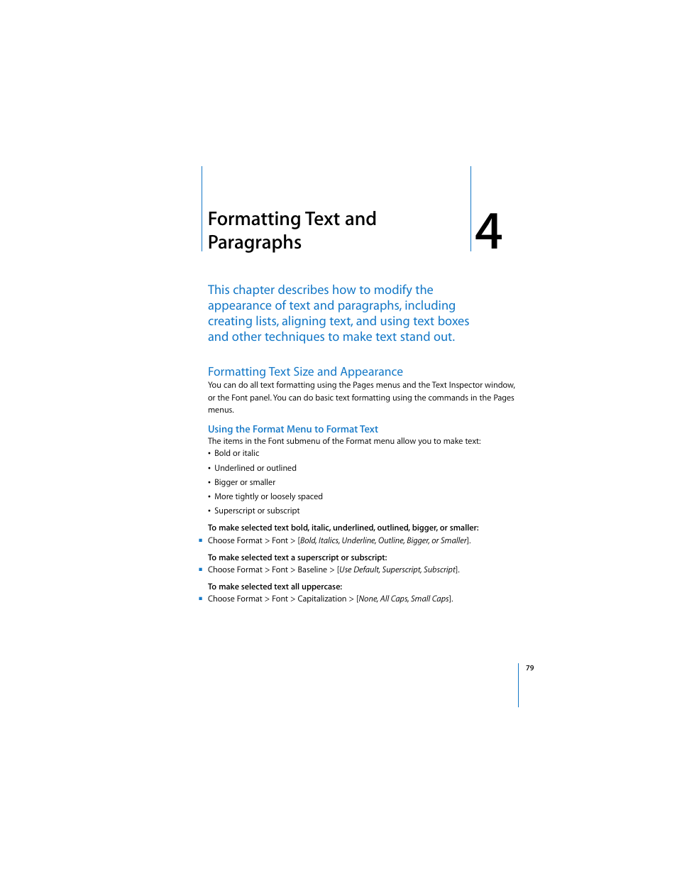 Formatting text and paragraphs, Formatting text size and appearance, Using the format menu to format text | Chapter 4, “formatting text and paragraphs | Apple Pages 2 User Manual | Page 79 / 250