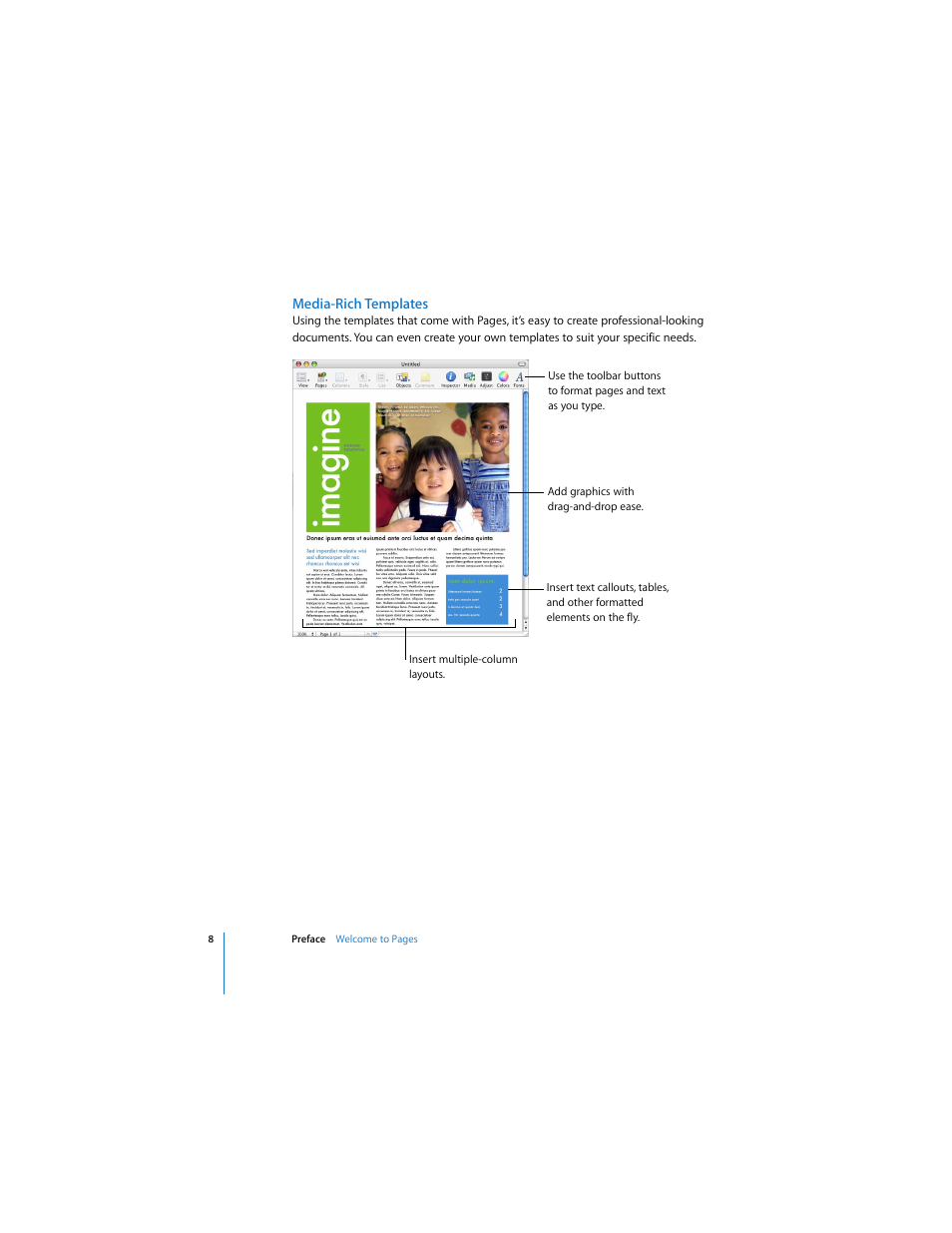 Media-rich templates | Apple Pages 2 User Manual | Page 8 / 250