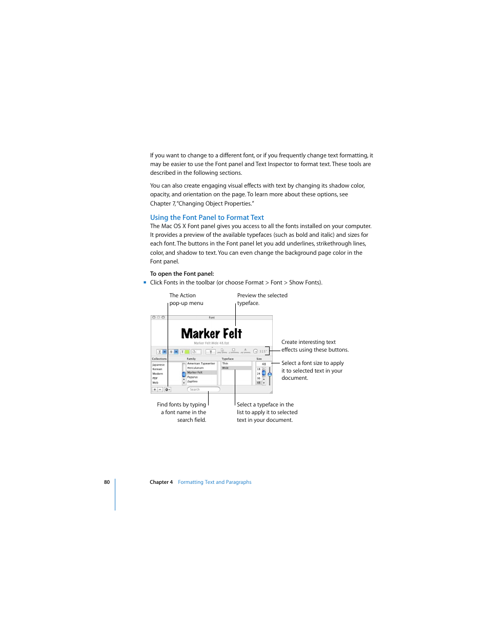 Using the font panel to format text | Apple Pages 2 User Manual | Page 80 / 250