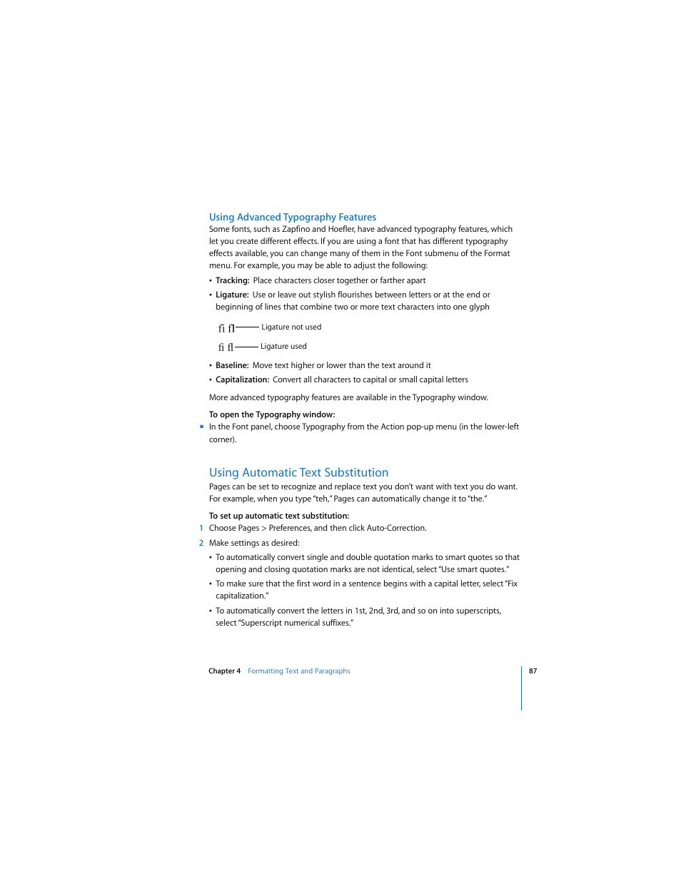 Using advanced typography features, Using automatic text substitution | Apple Pages 2 User Manual | Page 87 / 250