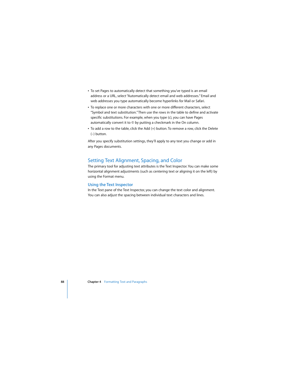 Setting text alignment, spacing, and color, Using the text inspector | Apple Pages 2 User Manual | Page 88 / 250