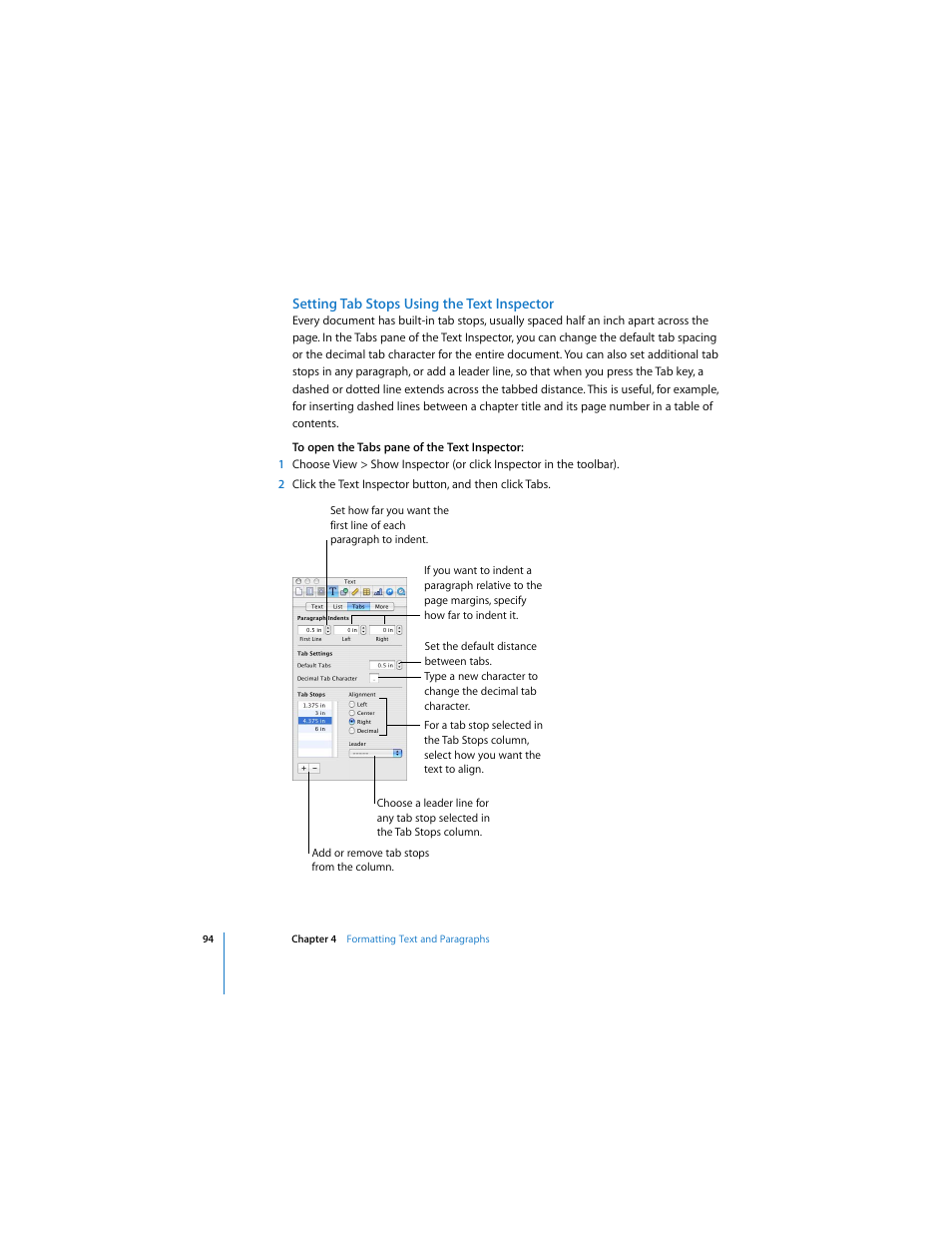 Setting tab stops using the text inspector | Apple Pages 2 User Manual | Page 94 / 250