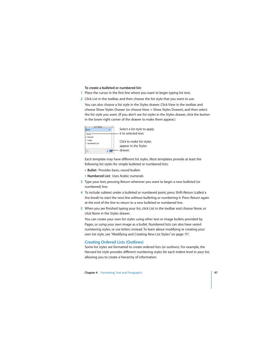 Creating ordered lists (outlines) | Apple Pages 2 User Manual | Page 97 / 250
