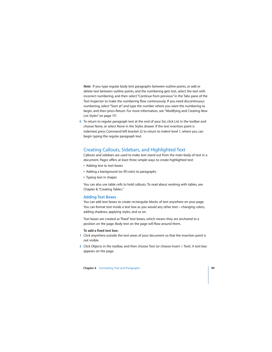 Creating callouts, sidebars, and highlighted text, Adding text boxes | Apple Pages 2 User Manual | Page 99 / 250